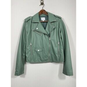 Nine West Green Faux Leather Moto Jacket Size M Zip Up Biker Style